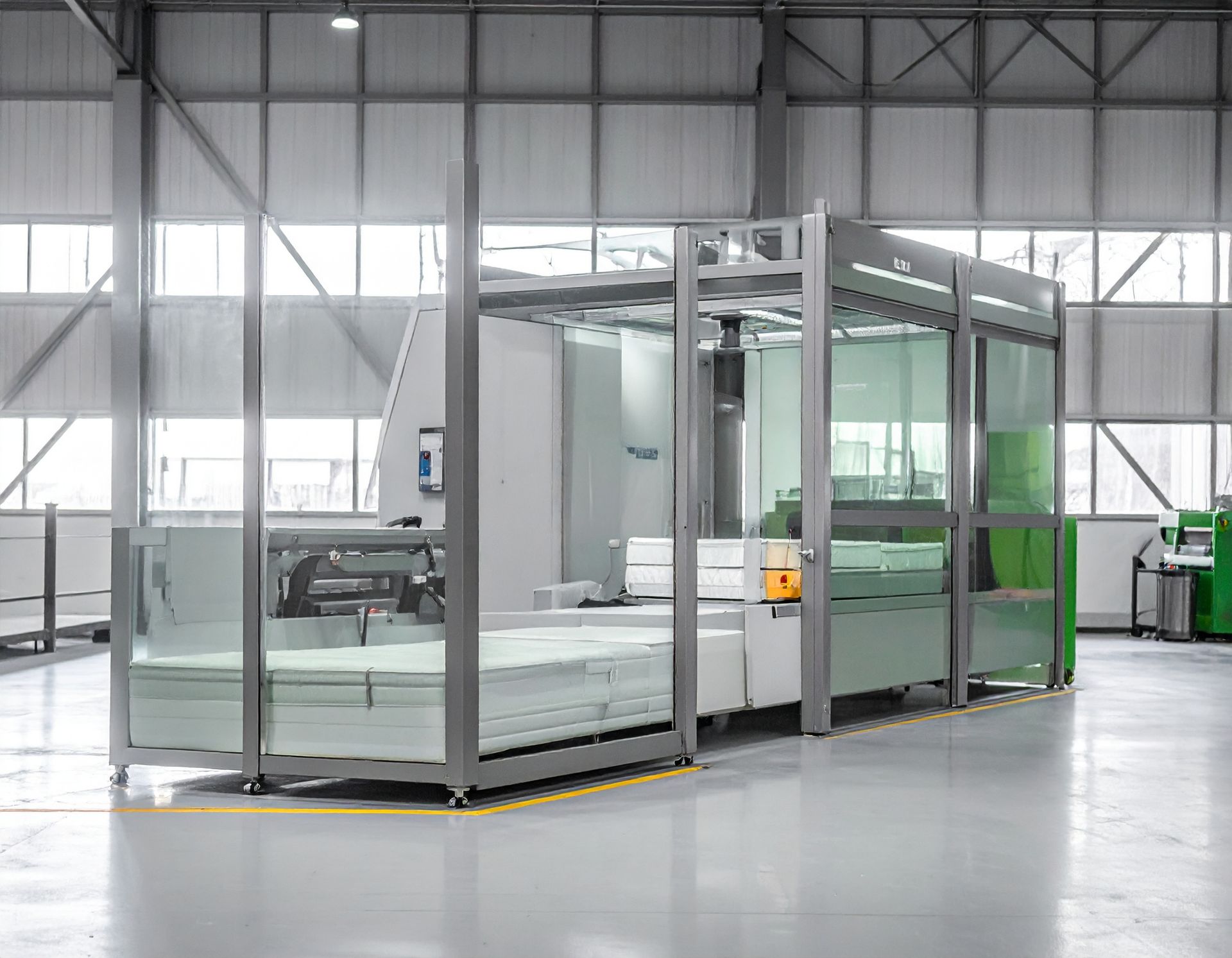 An industrial glass cutting machine inside a factory, with stacked glass sheets on a metal frame.