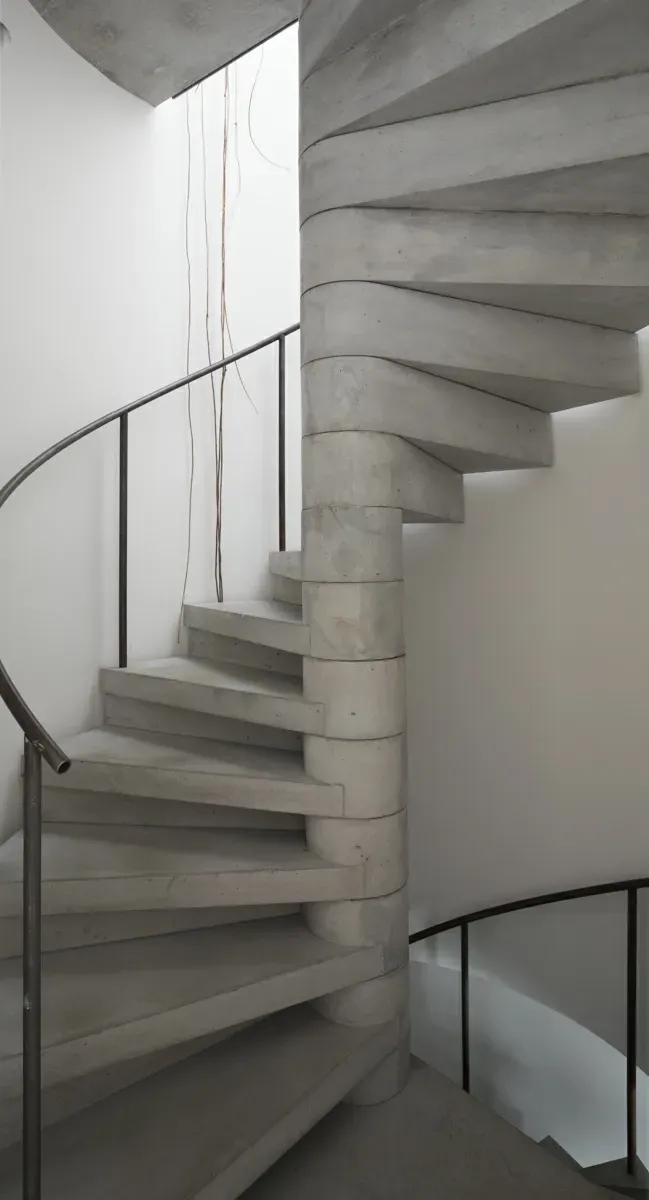 A spiral staircase with a metal railing in a room.