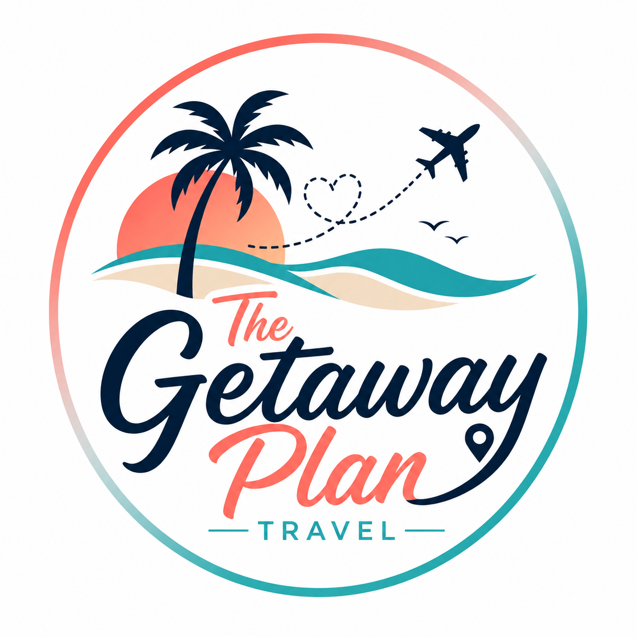The Getaway Plan Travel logo with palm tree, beach sunset, airplane, and teal coral waves