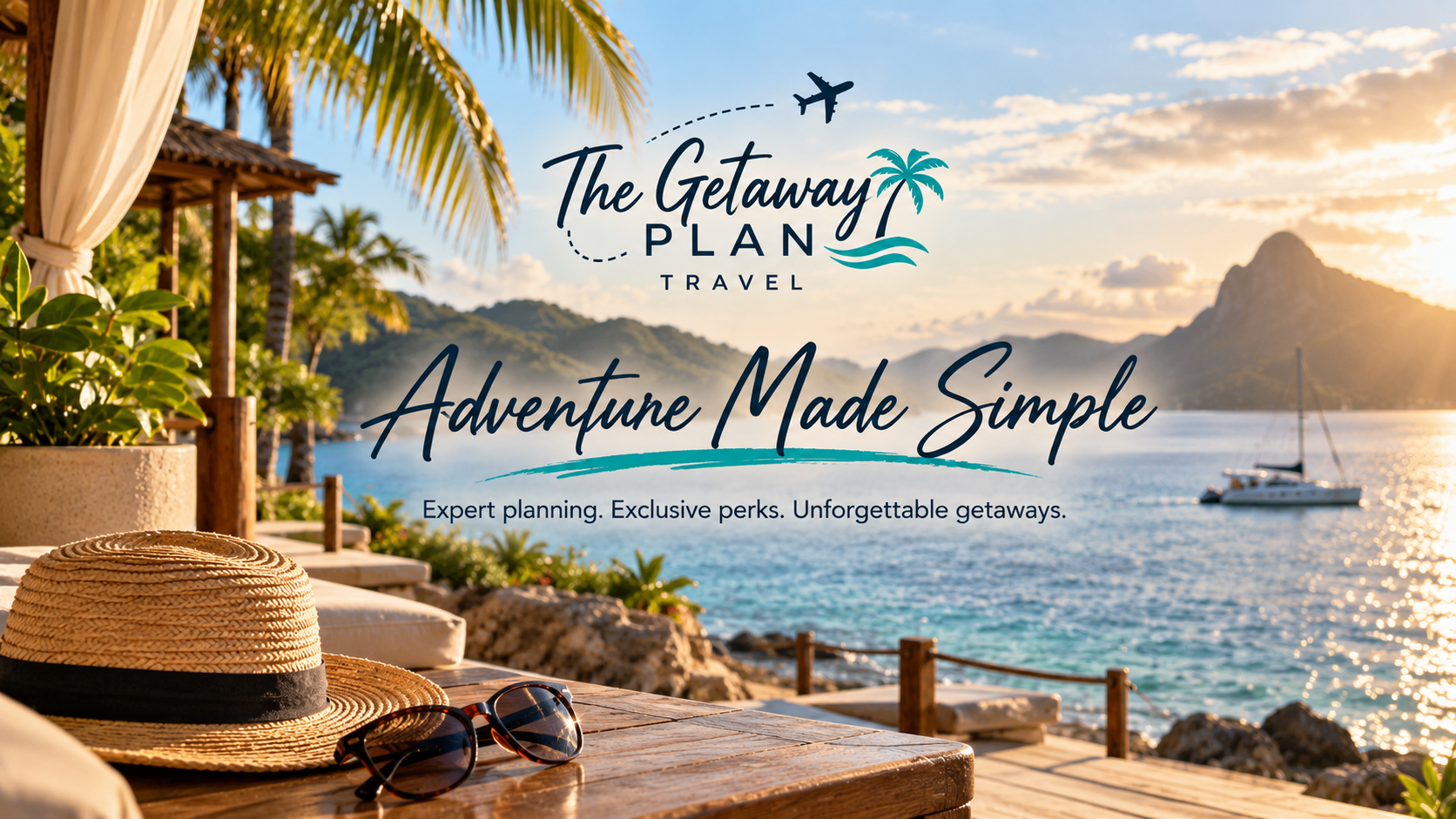 Tropical travel promo with beach view, palm trees, sunset sailboat, and the text “Adventure Mode Simple.”