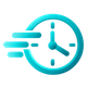 Turquoise fast clock icon with motion lines, suggesting speed or time urgency