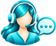 Cartoon headset support agent with turquoise hair and speech bubble icons