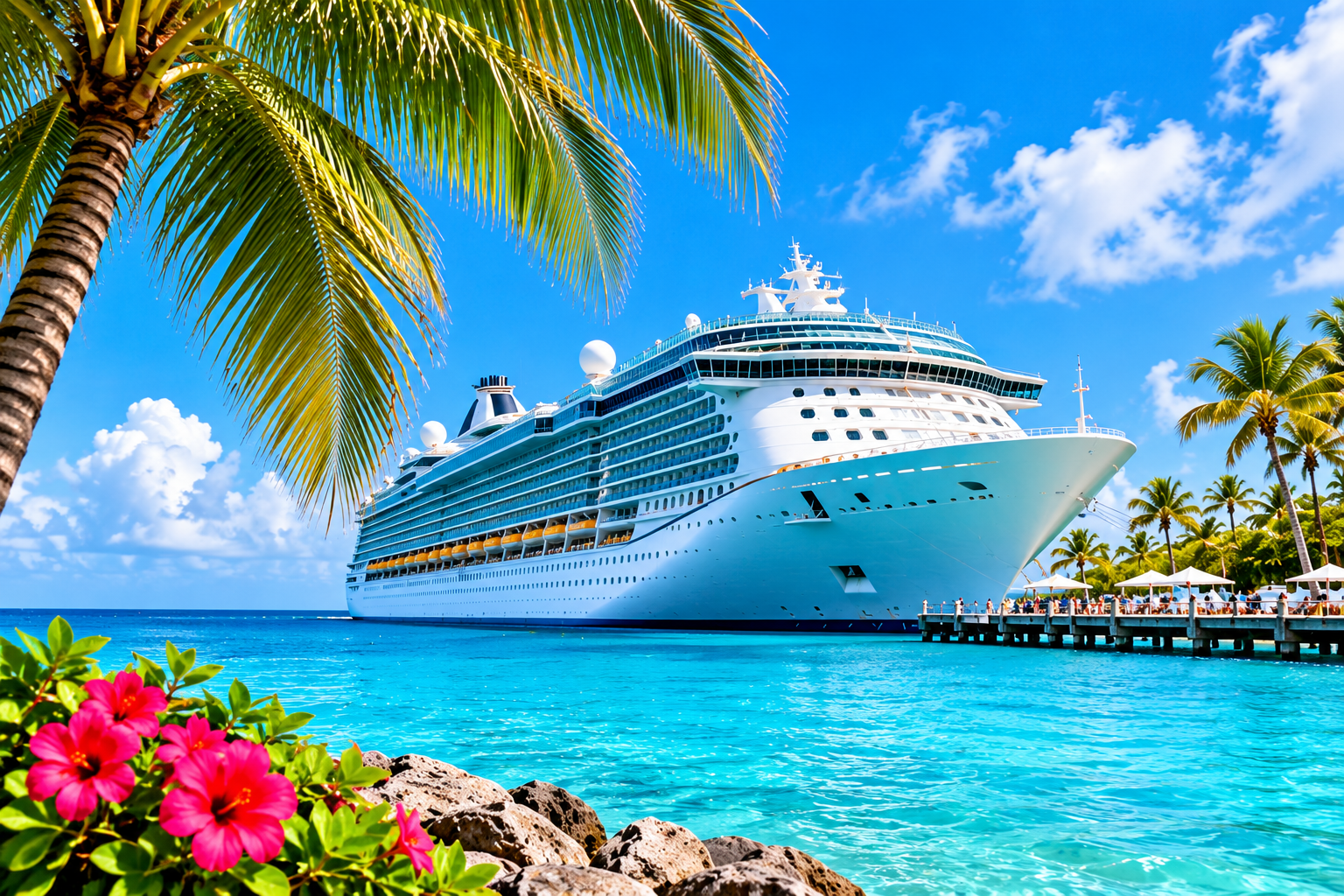 Large cruise ship in turquoise tropical water with palm trees and pink flowers in the foreground