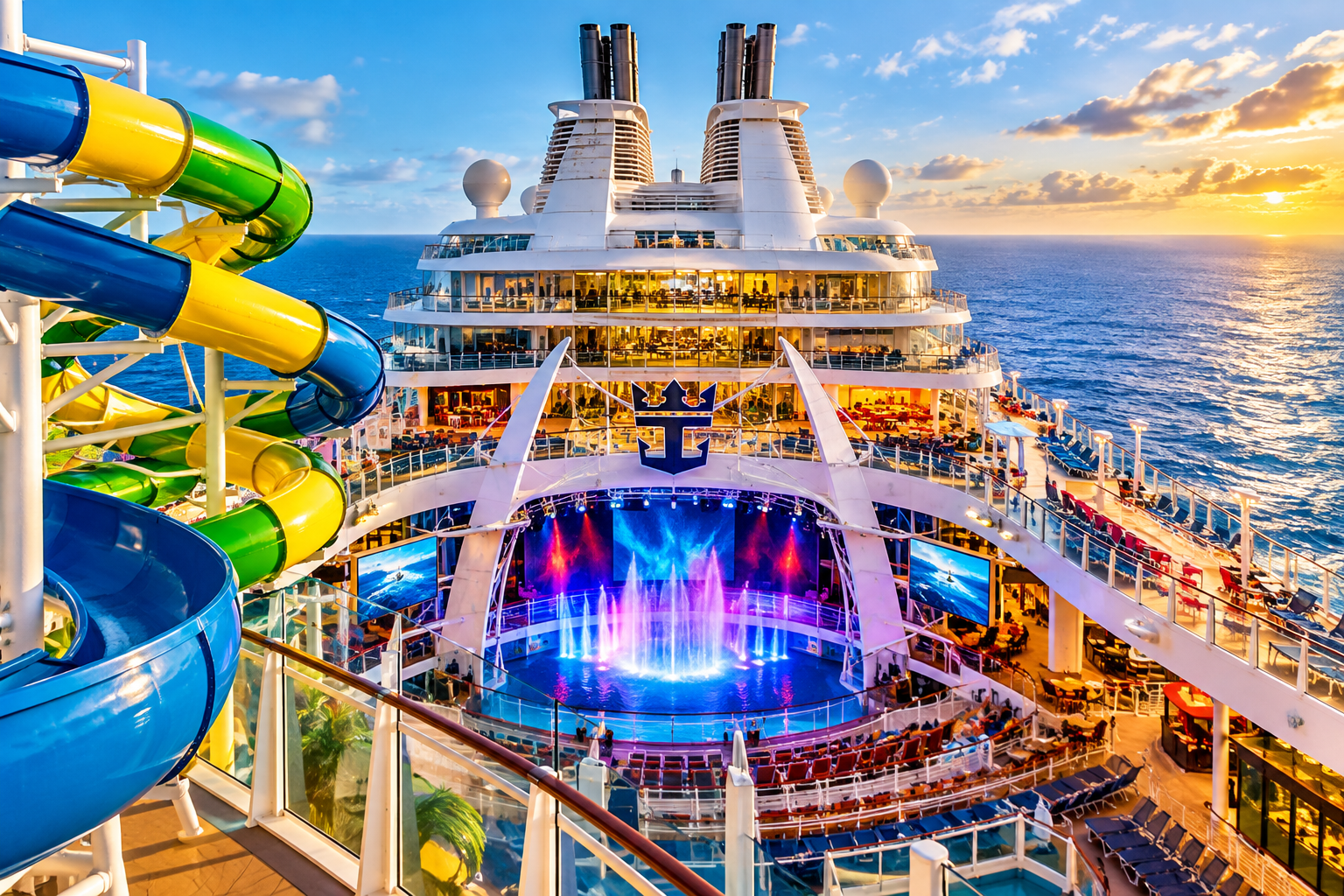 Cruise ship deck with colorful waterslides and a glowing pool stage at sunset over the ocean