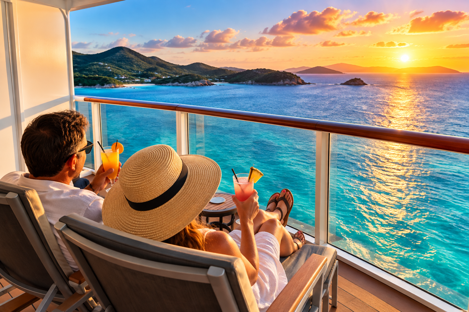 Two people relaxing on a cruise balcony at sunset, overlooking a turquoise sea and distant islands.