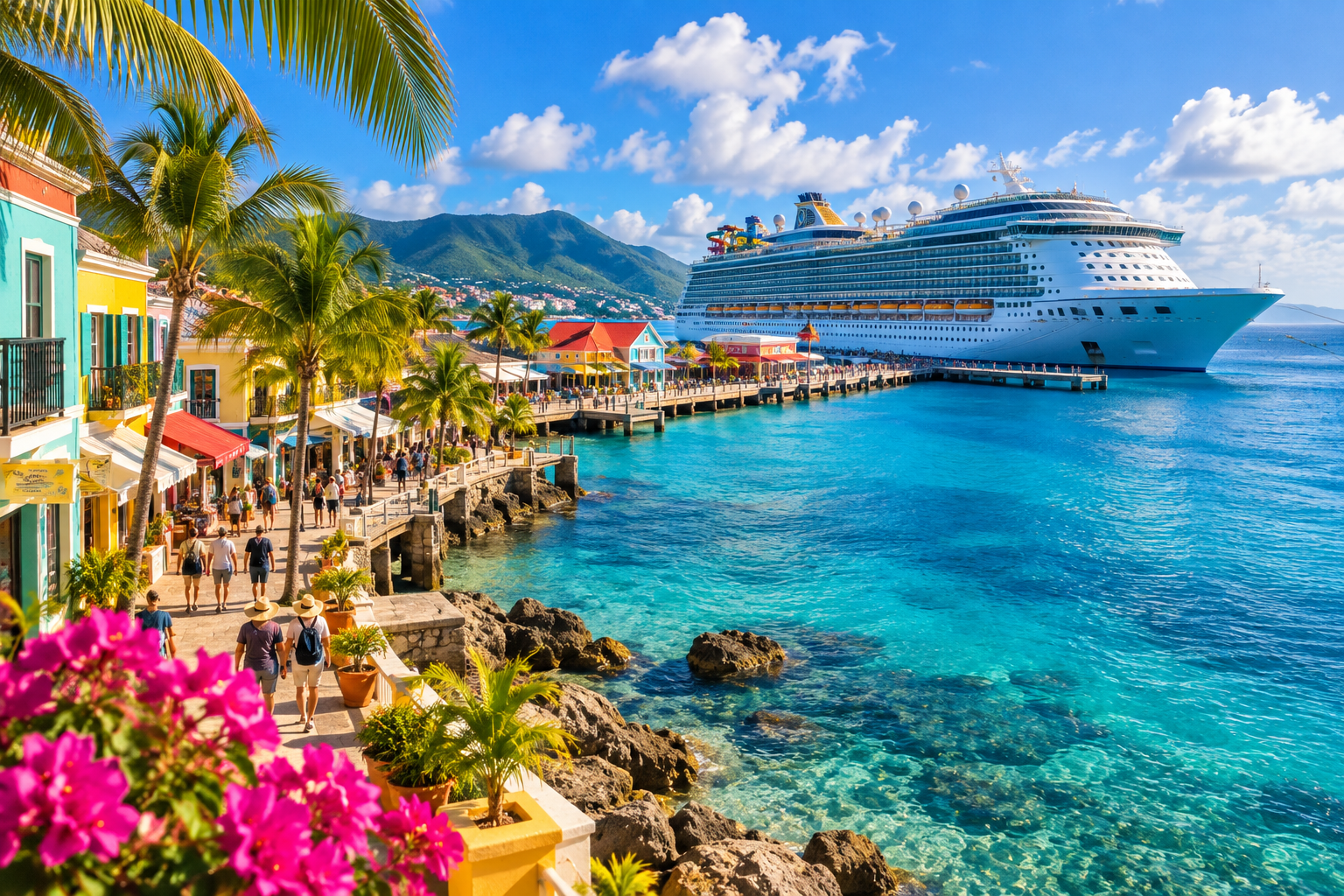 Tropical cruise port with turquoise water, palm trees, colorful waterfront buildings, and a large white cruise ship