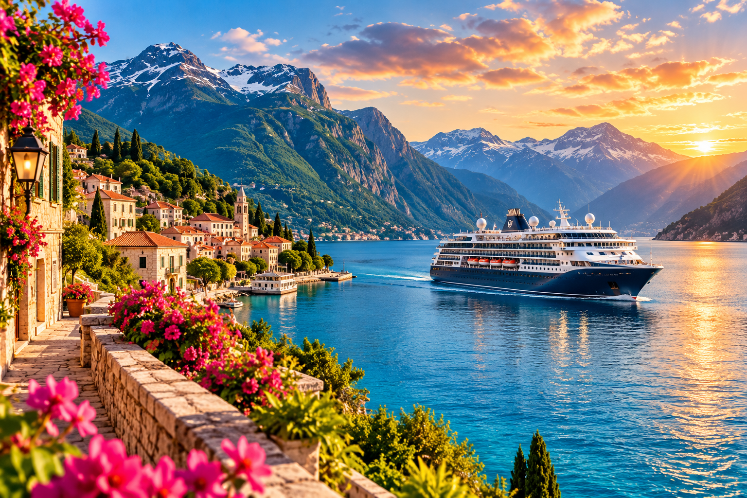 Cruise ship on a bright blue lake beside a flower-lined village and mountains at sunset