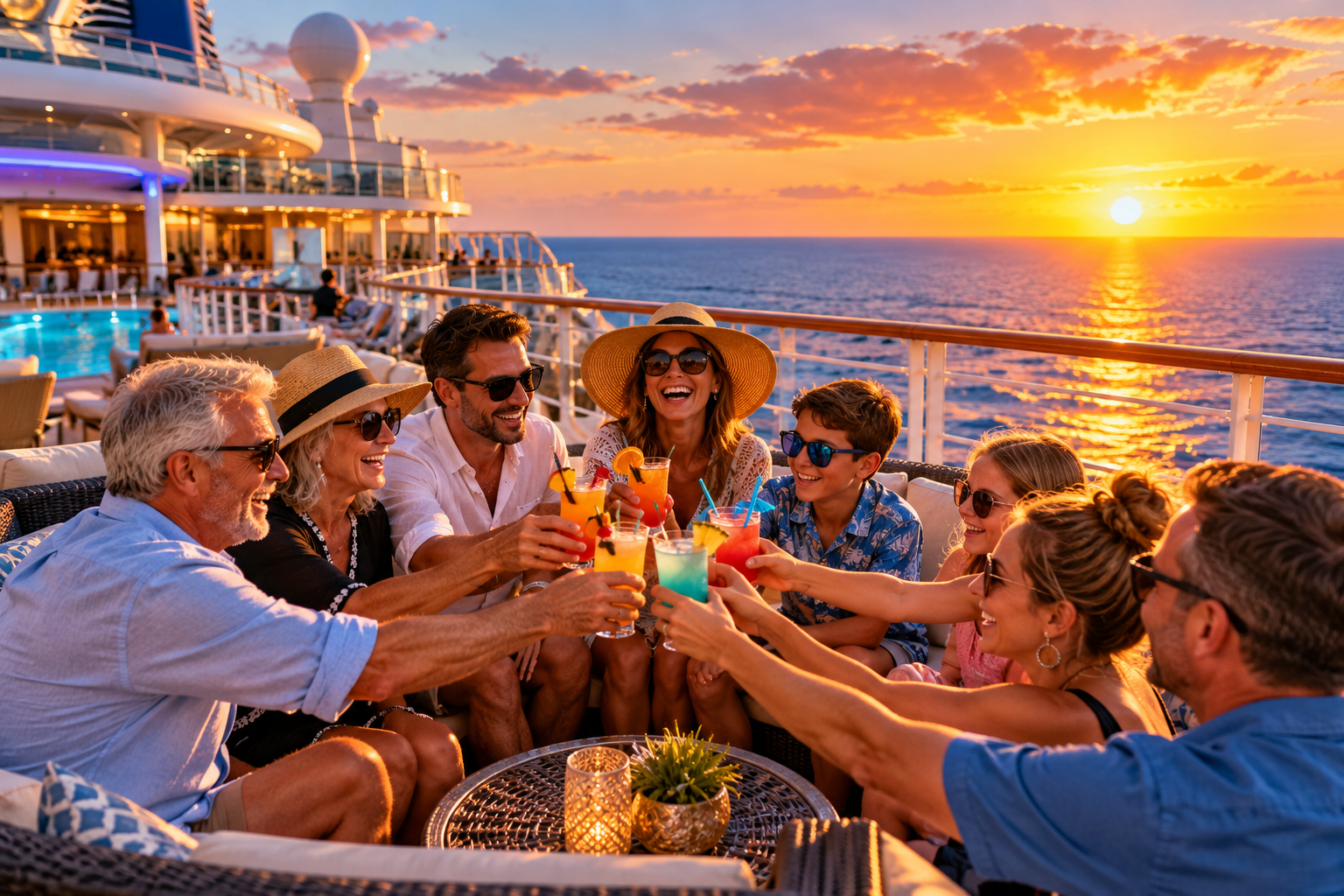 People clinking colorful drinks on a cruise ship deck at sunset over the ocean