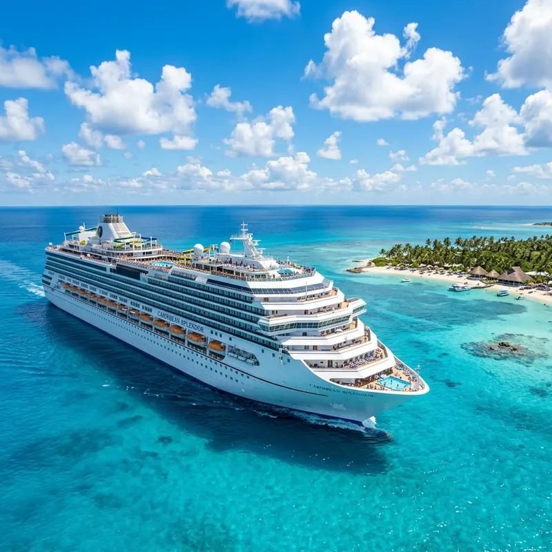 Explore Cruise Vacations White cruise ship sailing in turquoise tropical waters near a palm-lined island under a blue sky.