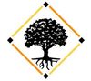 Tree silhouette in a diamond-shaped frame with an orange gradient and black squares.