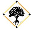 Tree silhouette in a diamond-shaped frame with an orange gradient and black squares.