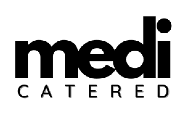 A black and white logo for medi catered on a white background.
