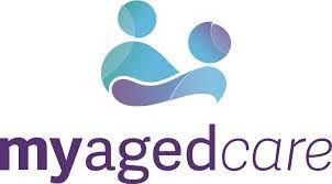 The logo for myagedcare shows two people hugging each other.