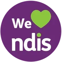 A purple circle with the words `` we love ndis '' and a green heart.