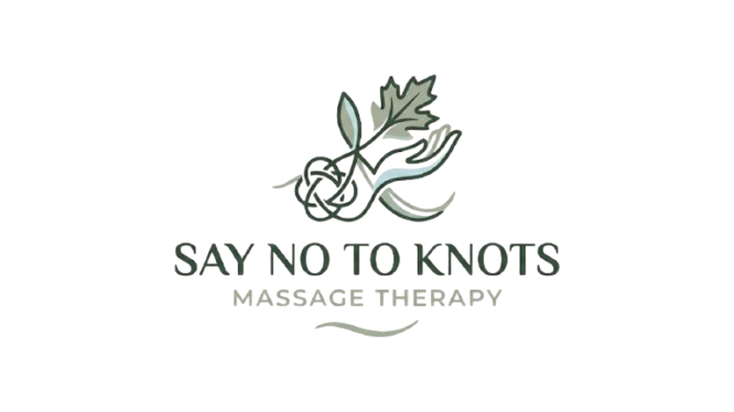 Logo for “Say No to Knots Massage Therapy” with a green leaf and massage hand icon on a white background