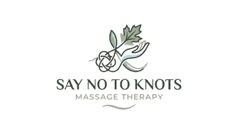 Logo for “Say No to Knots Massage Therapy” with a green leaf and massage hand icon on a white background