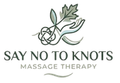Say No to Knots massage therapy logo with green plant and knot design
