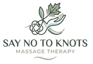 Say No to Knots massage therapy logo with green plant and knot design
