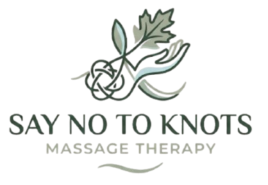 Say No to Knots massage therapy logo with green plant and knot design