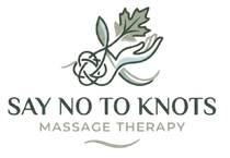Say No to Knots massage therapy logo with green plant and knot design