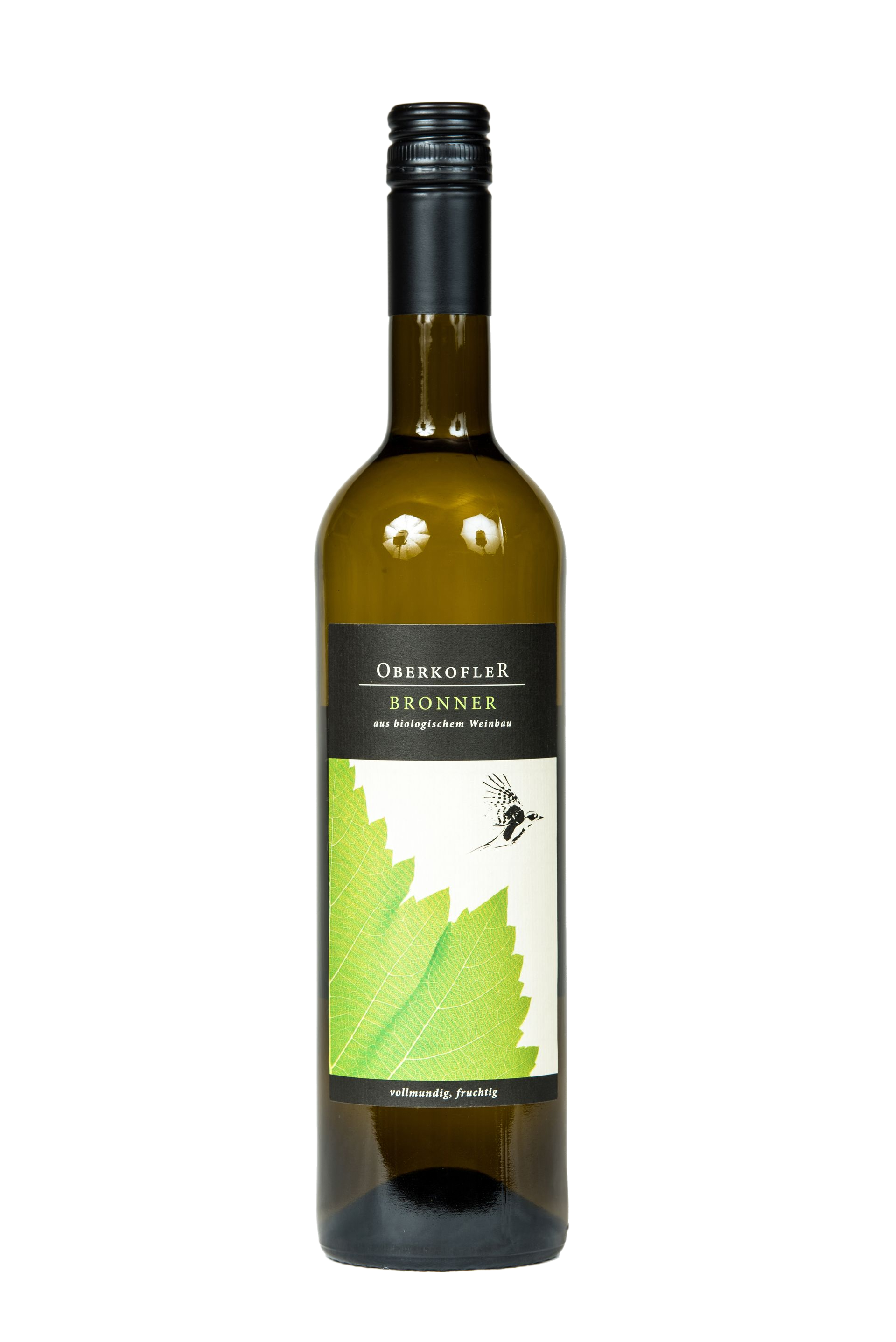 Flasche Weißwein mit schwarzem Verschluss und grünem Etikett mit Blattmotiv.