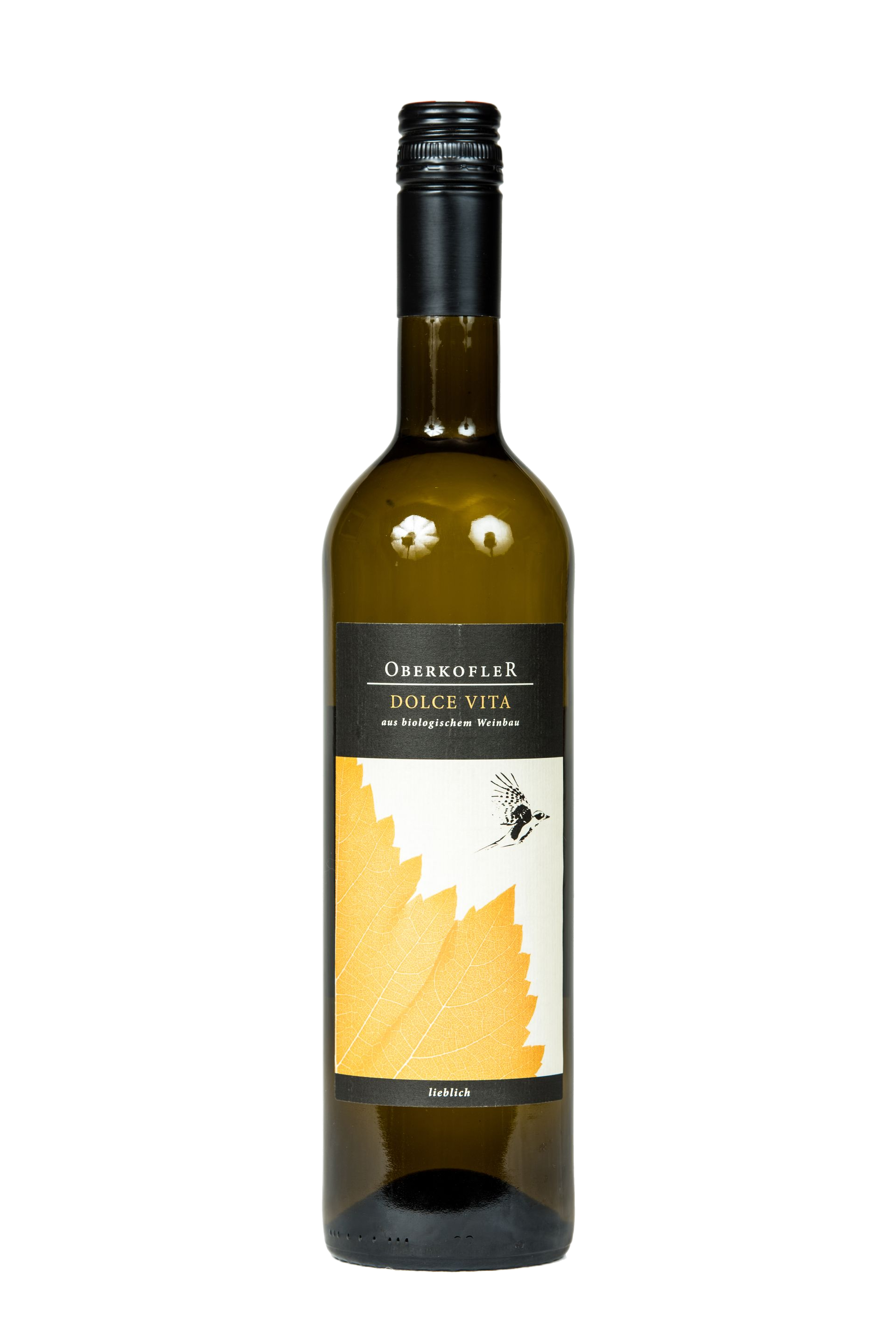 Flasche Weißwein mit schwarzem Verschluss und Etikett mit Blattmotiv.