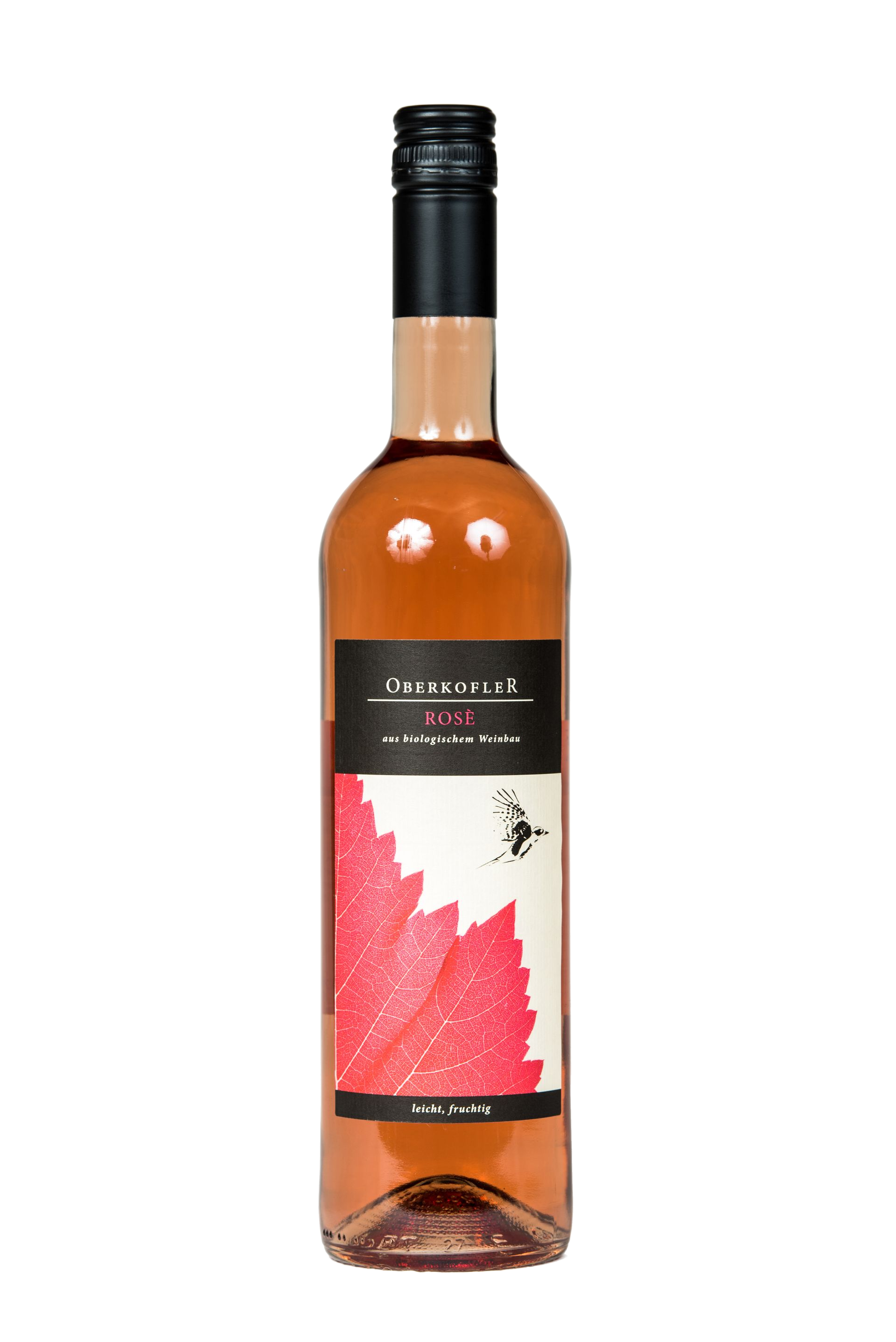 Flasche Roséwein mit schwarzem Verschluss und Etikett mit rotem Blattmotiv.