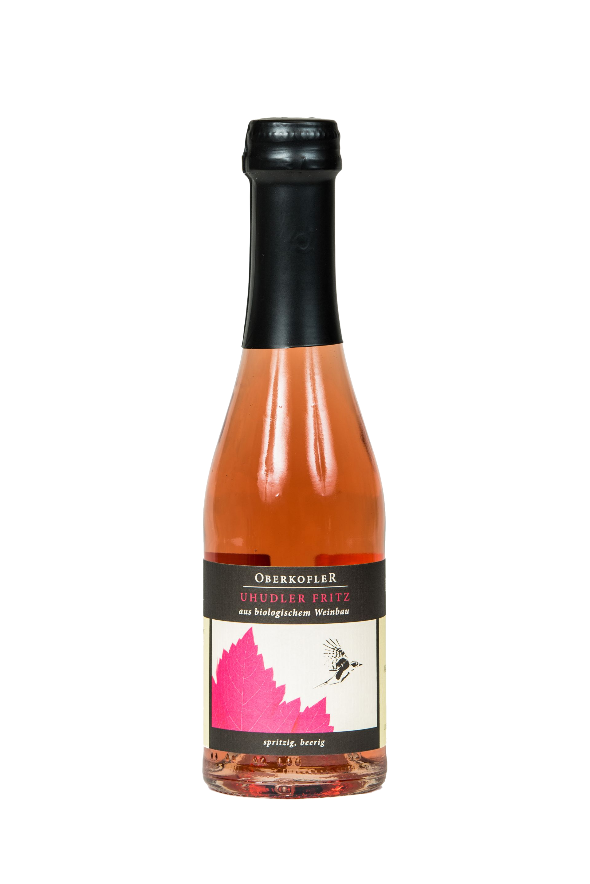Flasche für rosafarbenen Roséwein mit schwarzem Verschluss und Etikett mit rosafarbenem Bergmotiv.