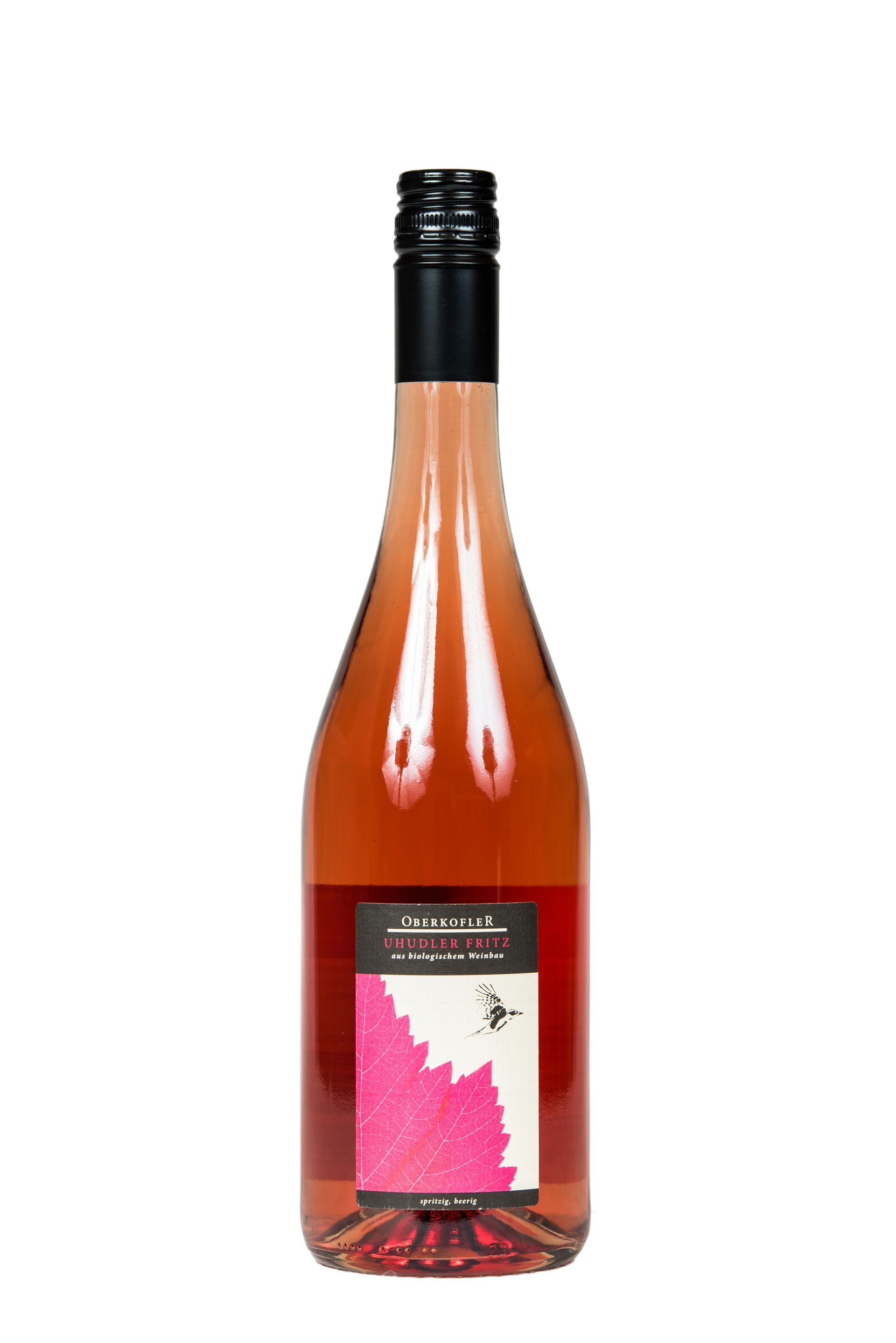 Flasche Roséwein mit schwarzem Verschluss und rosa Etikett.