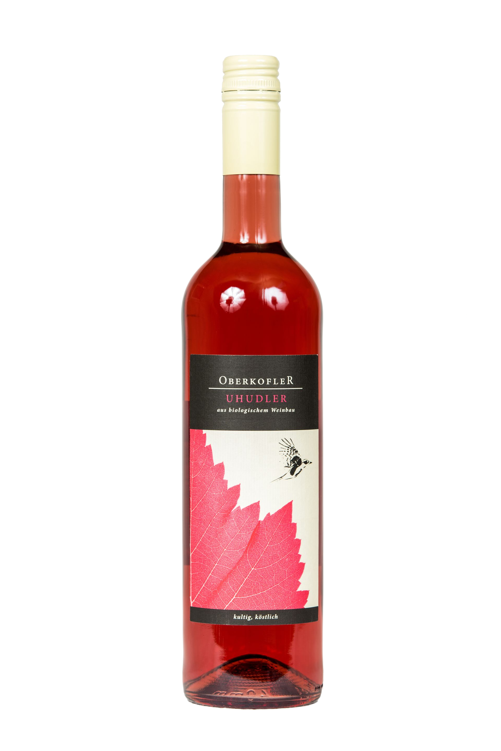 Flasche Roséwein mit Etikett, das eine Blattabbildung zeigt.