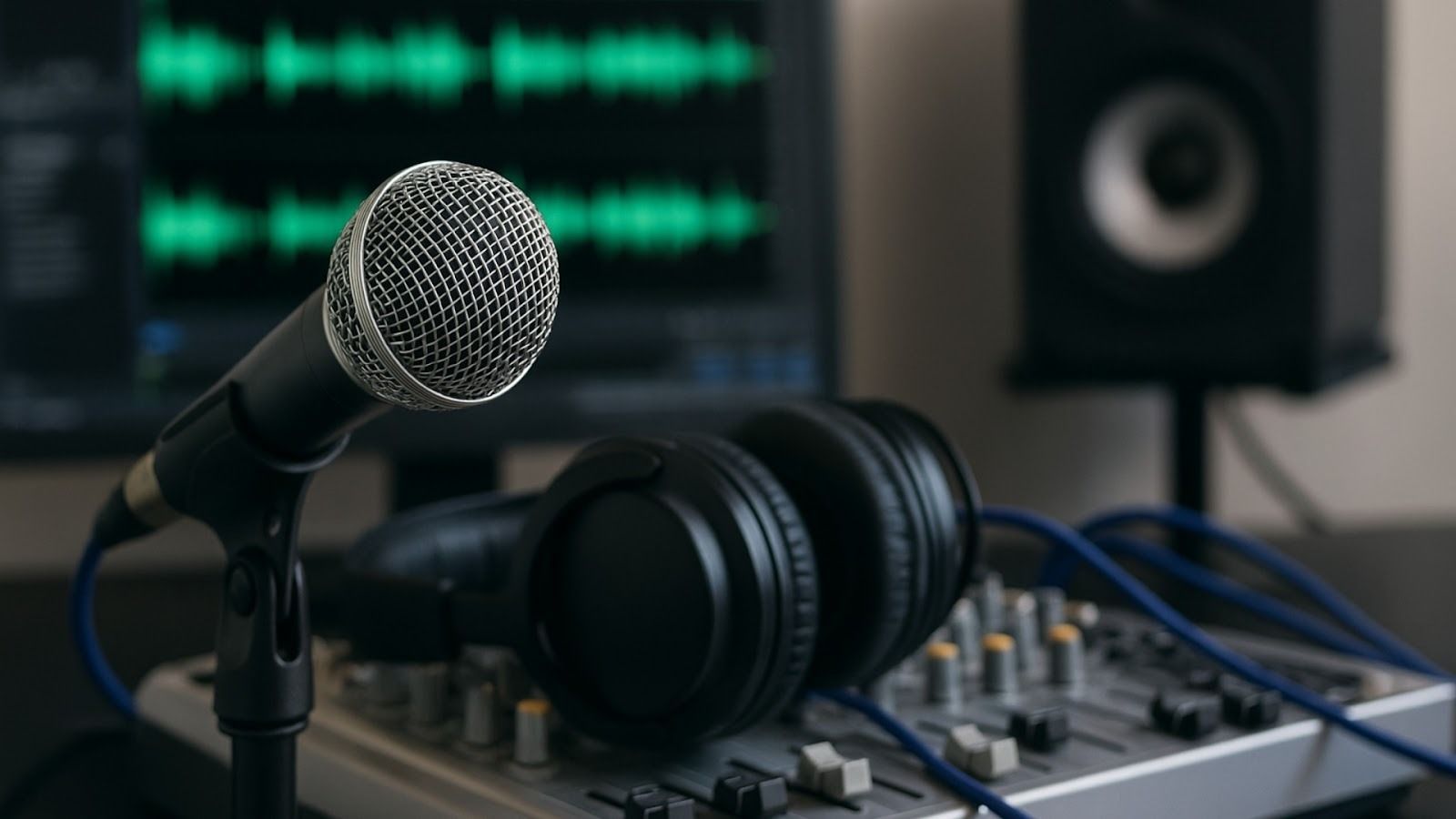 Close-up of a professional microphone on a stand, headphones, and an audio mixing console with sound