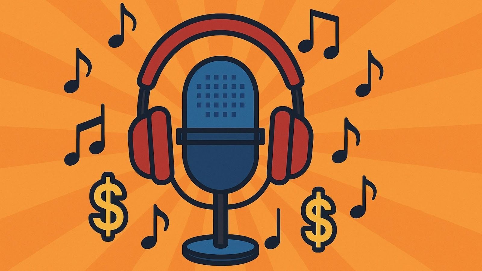 Cartoon microphone with headphone, surrounded by music notes and dollar signs on an orange backgroud