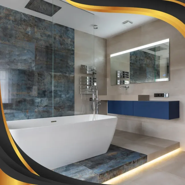 A bathroom with a bathtub , sink and mirror