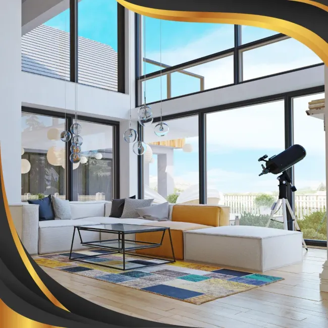 A living room with a couch a coffee table and a telescope