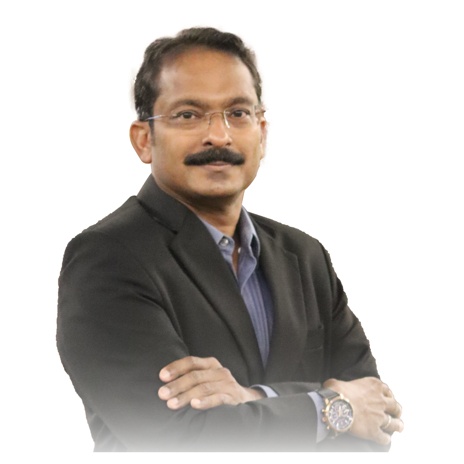 A man with glasses and a mustache is wearing a suit and a watch