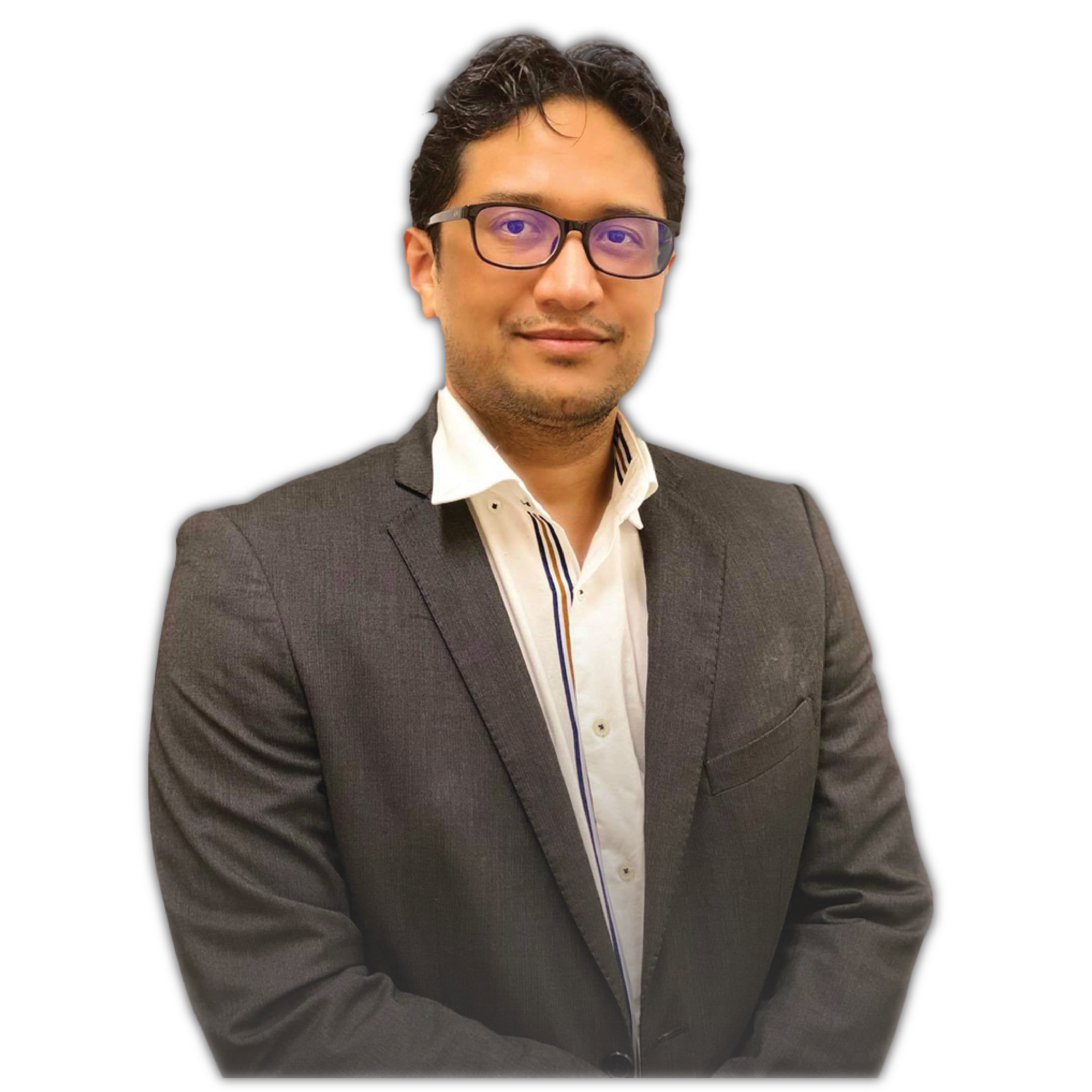 A man in a suit and glasses is standing in front of a white background.