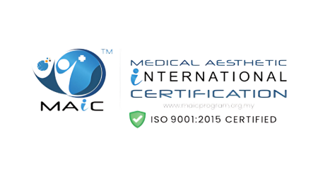 The logo for medical aesthetic international certification is iso 9001 : 2015 certified.