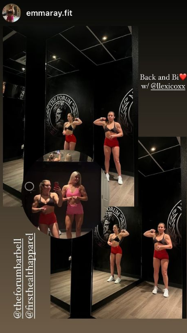 A collage of photos of a woman flexing her muscles in front of a mirror.