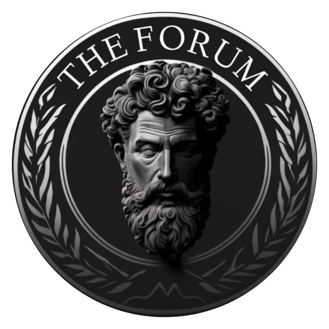 A statue of a man with a beard is surrounded by the words the forum