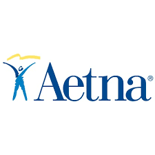 The aetna logo is blue and yellow with a person holding a book.