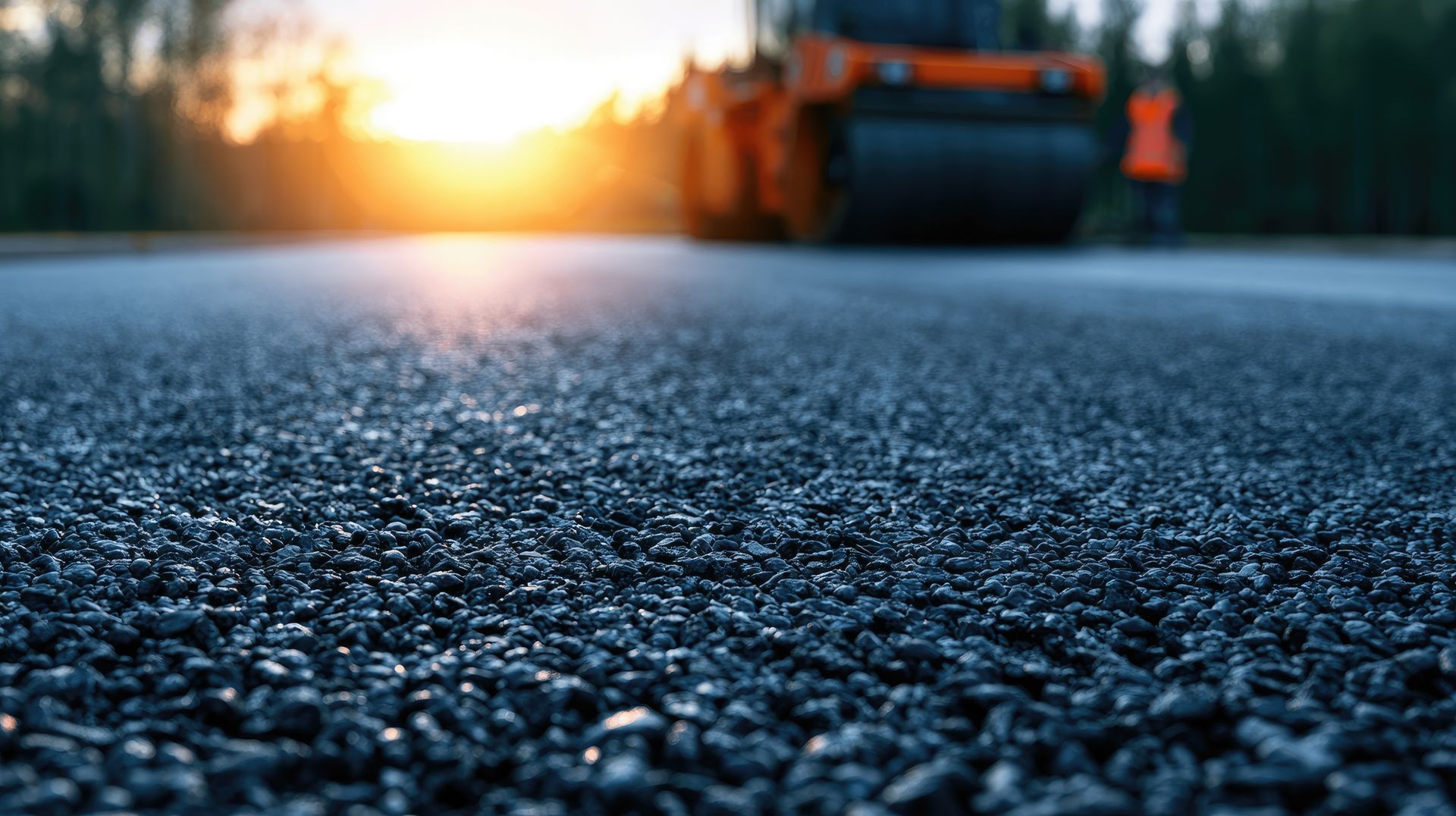 Freshly paved asphalt road at sunrise with a road roller in the background.