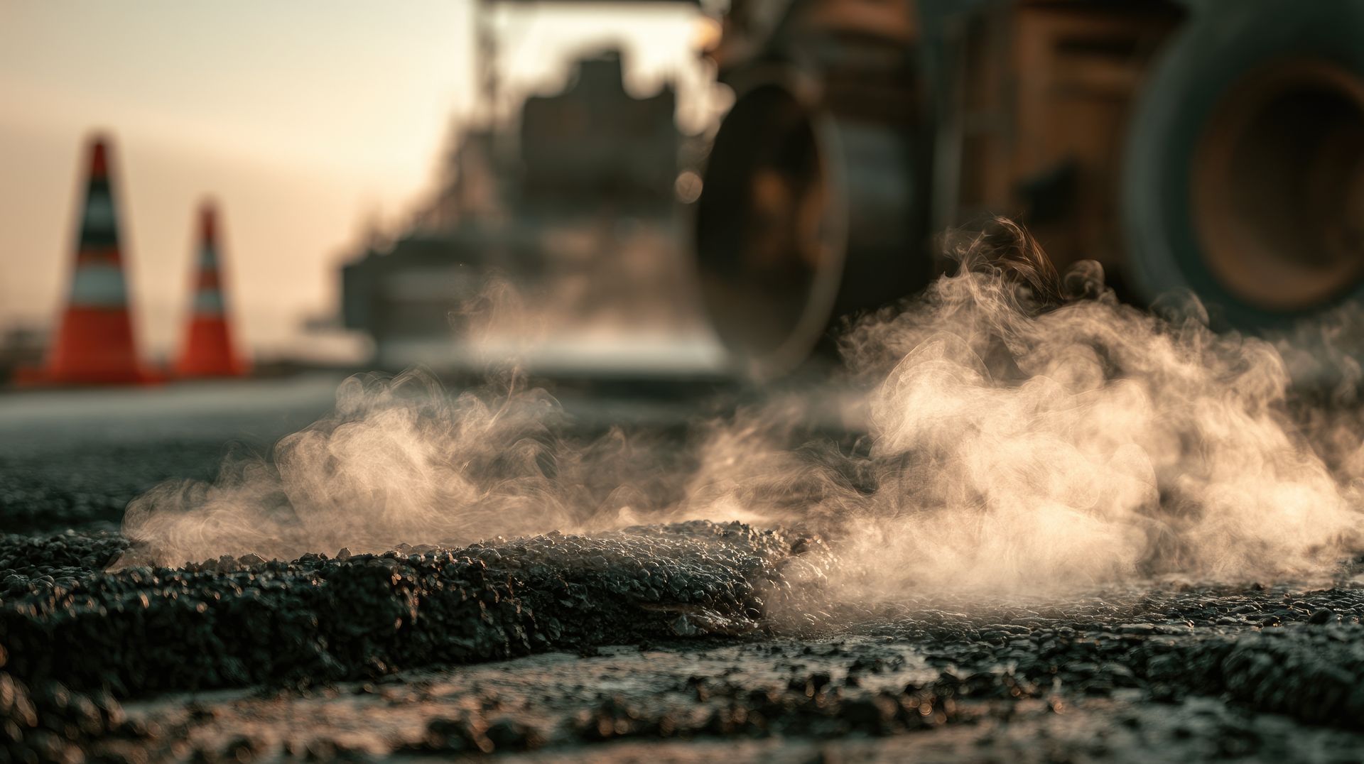 Steam rising from freshly laid asphalt during road paving near construction cones.