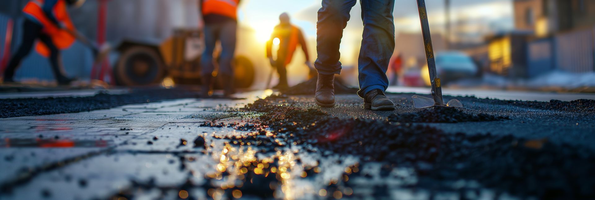 Road workers repairing asphalt at sunset, with fresh pavement in the foreground.