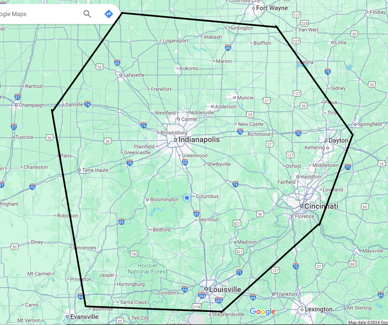 Map of Indiana highlighting the Indianapolis area with blue pin markers indicating locations.