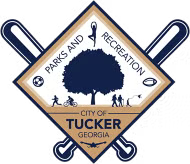 City of Tucker, Georgia Parks and Recreation logo with crossed bats, tree, and figures in blue and tan