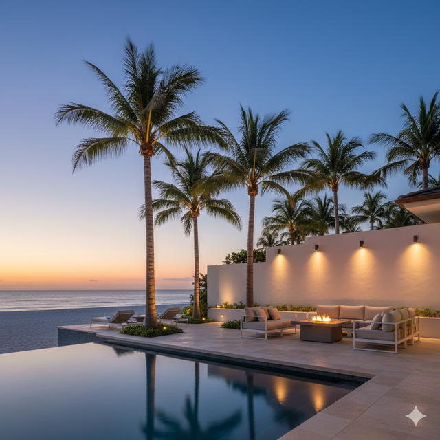 Palm trees frame a beachside pool at dusk. Lounge area with fire pit and ocean view.