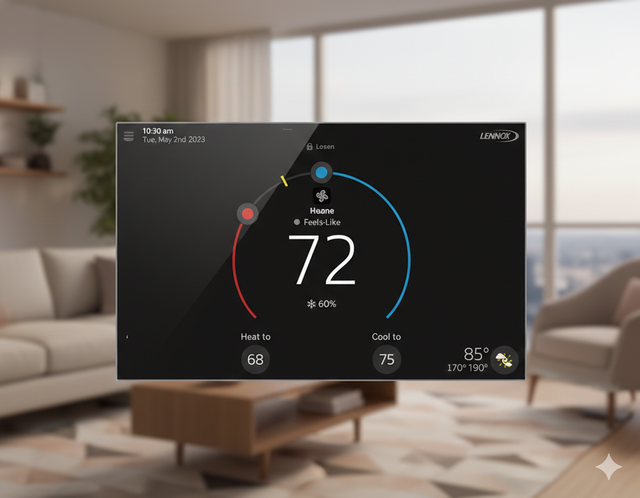 Smart thermostat screen displaying current temperature of 72 degrees in a living room.