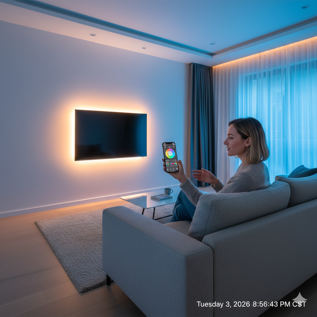 Woman on sofa using a smartphone to control LED lights around a TV. Blue and orange ambient lighting in living room.
