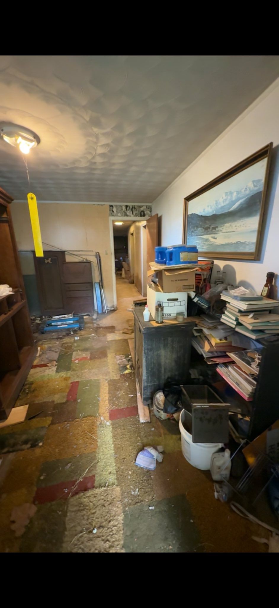Messy room with debris on the floor, framed landscape art, and doorway to another room.