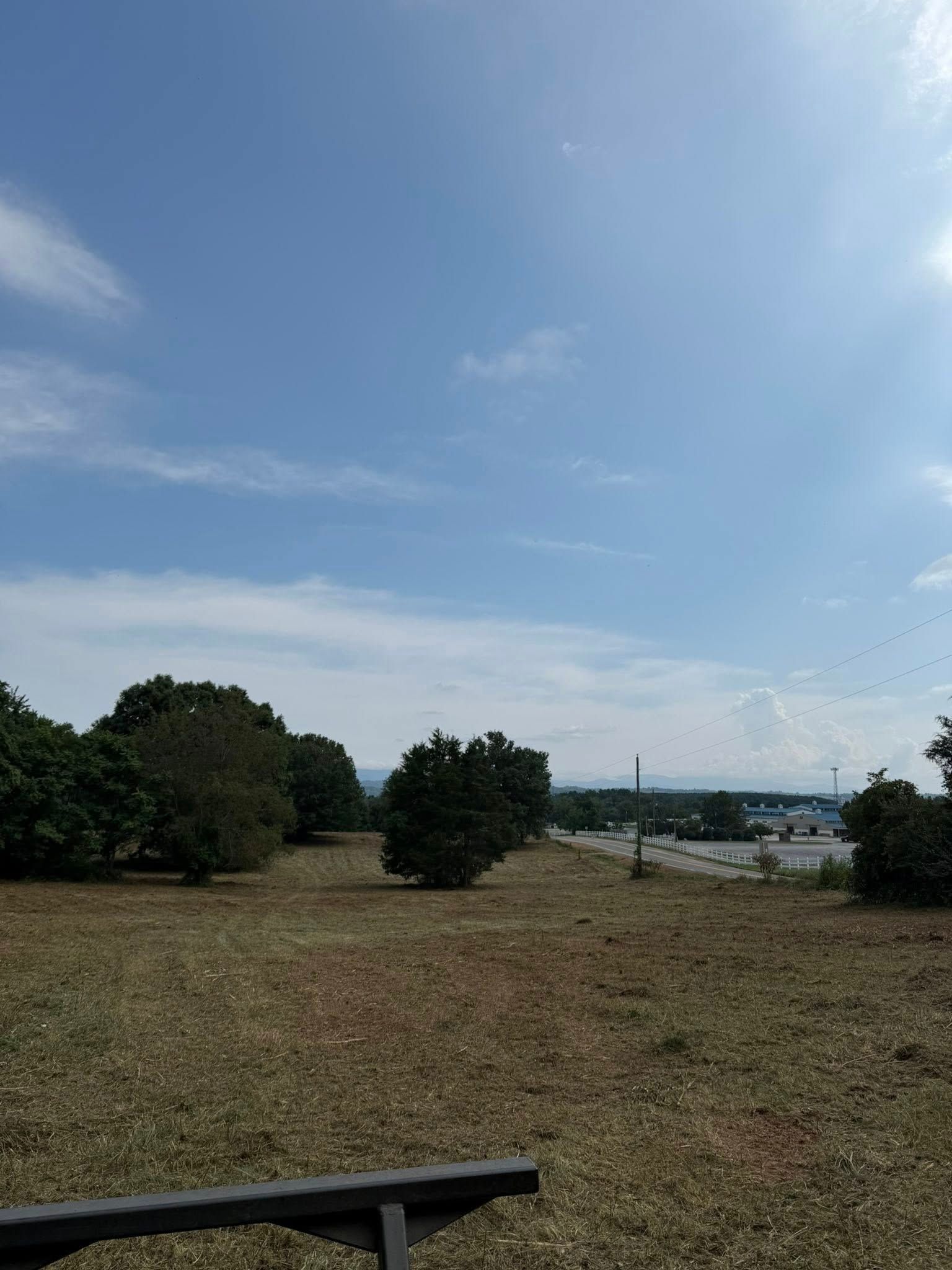 Grassy field with trees under a blue sky. A road and buildings are visible in the distance.